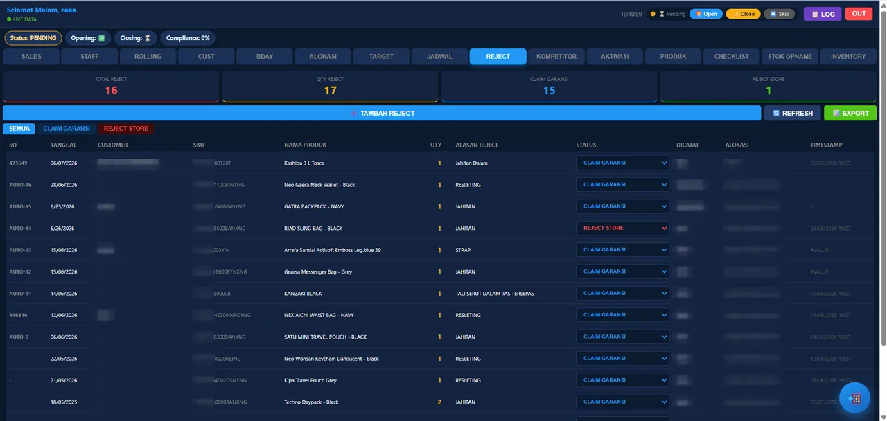 Modul reject & klaim garansi — Pro Dashboard